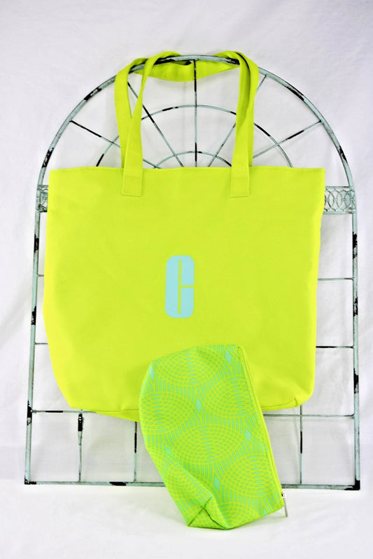 Clinique Neon Lime Tote Bag & Pouch | Modern Travel Set with Patterned Lining |