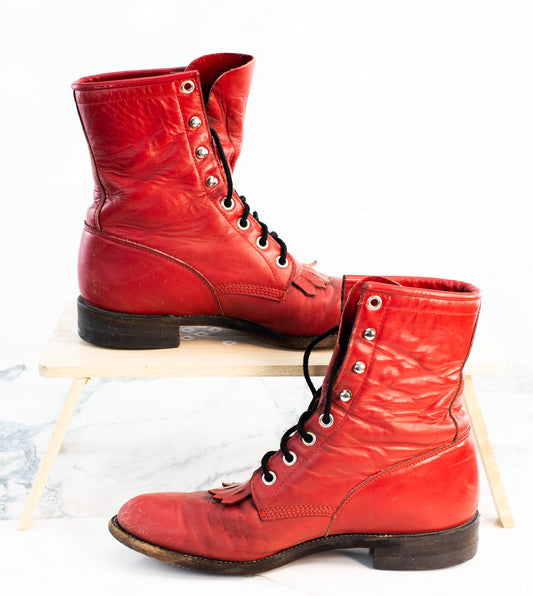 Vintage Justin Red Lace Up Boots Womens 6.5 Fringe Leather USA