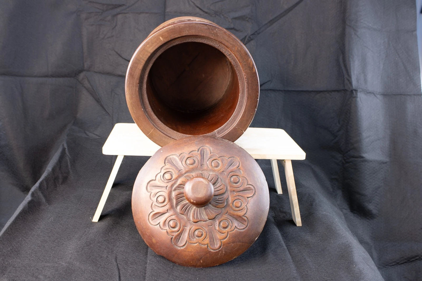 Vintage Hand-Carved Hardwood Floral Jar w/Lid Rustic Artistry from the Old World