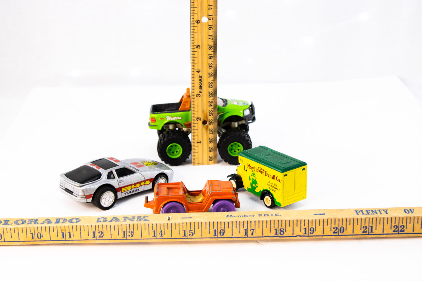 Vintage Die-Cast Toy Car Lot – Monster Truck, Jeep, Delivery Van & Turbo Car