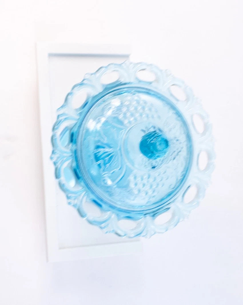 Vintage Aqua Blue Glass Compote with Lid – Harvest Grape Pattern Pedestal Candy