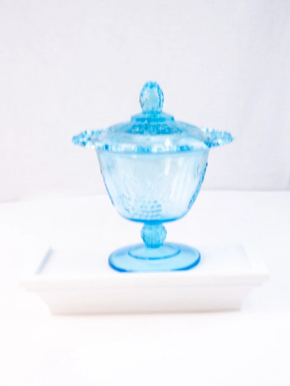 Vintage Aqua Blue Glass Compote with Lid – Harvest Grape Pattern Pedestal Candy