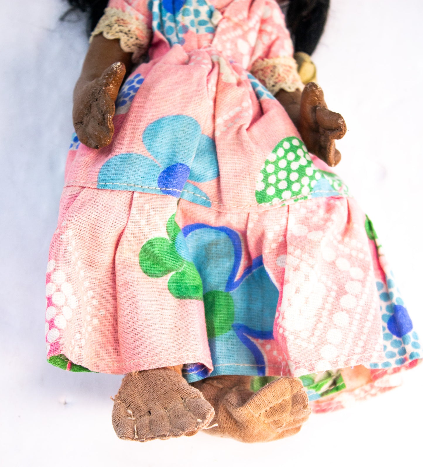 Vintage Mexican Folk Art Doll Handmade Gourd Head Palm Fan Figure