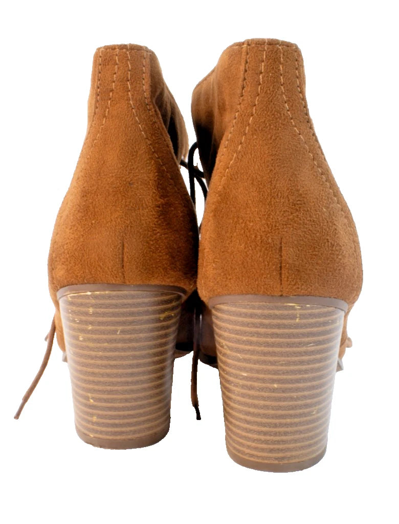Y-Not? Cognac Faux-Suede Lace-Up Ankle Booties (Stacked Heel)