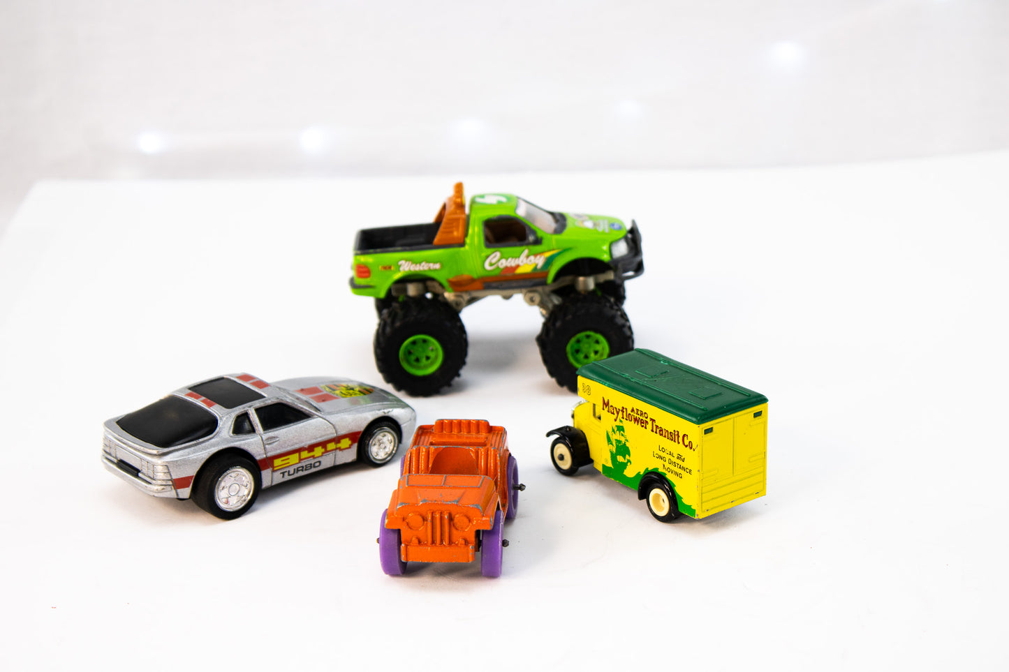 Vintage Die-Cast Toy Car Lot – Monster Truck, Jeep, Delivery Van & Turbo Car