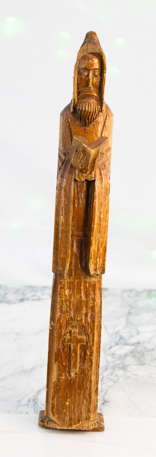 Hand-Carved Wooden Monk Sculpture | Primitive Religious Folk Art Figure