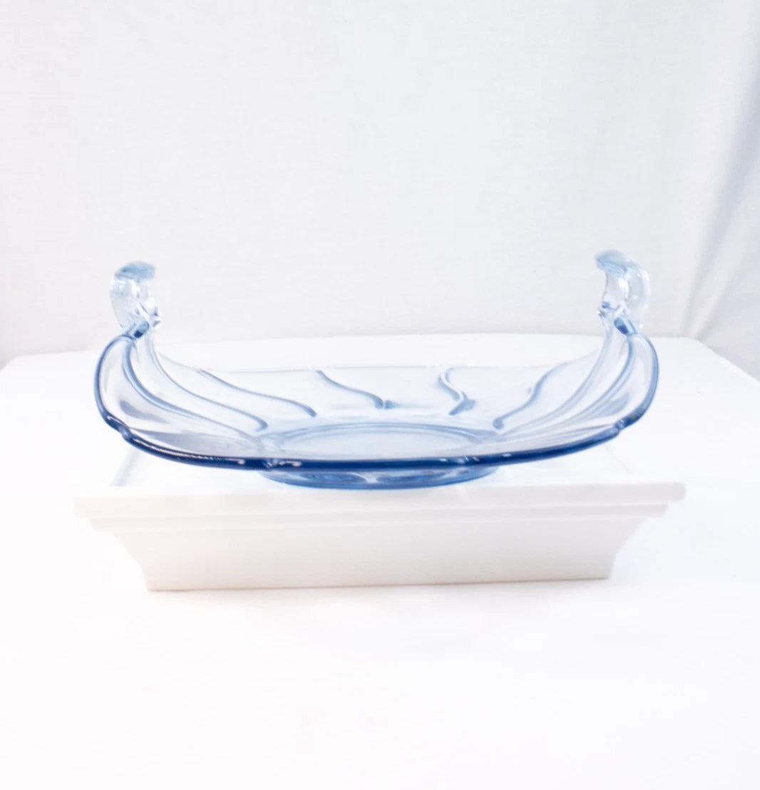 ✨ SKY DANCE IN GLASS | Vintage Hand-Blown Light Blue Pitcher & Matching Tray Set
