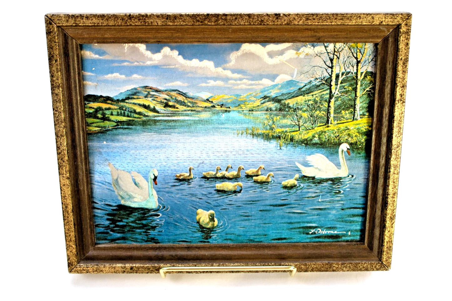 Set of 2 Vintage Foil Art Prints – Cottage Landscape & Swan Lake by L. Osborne –