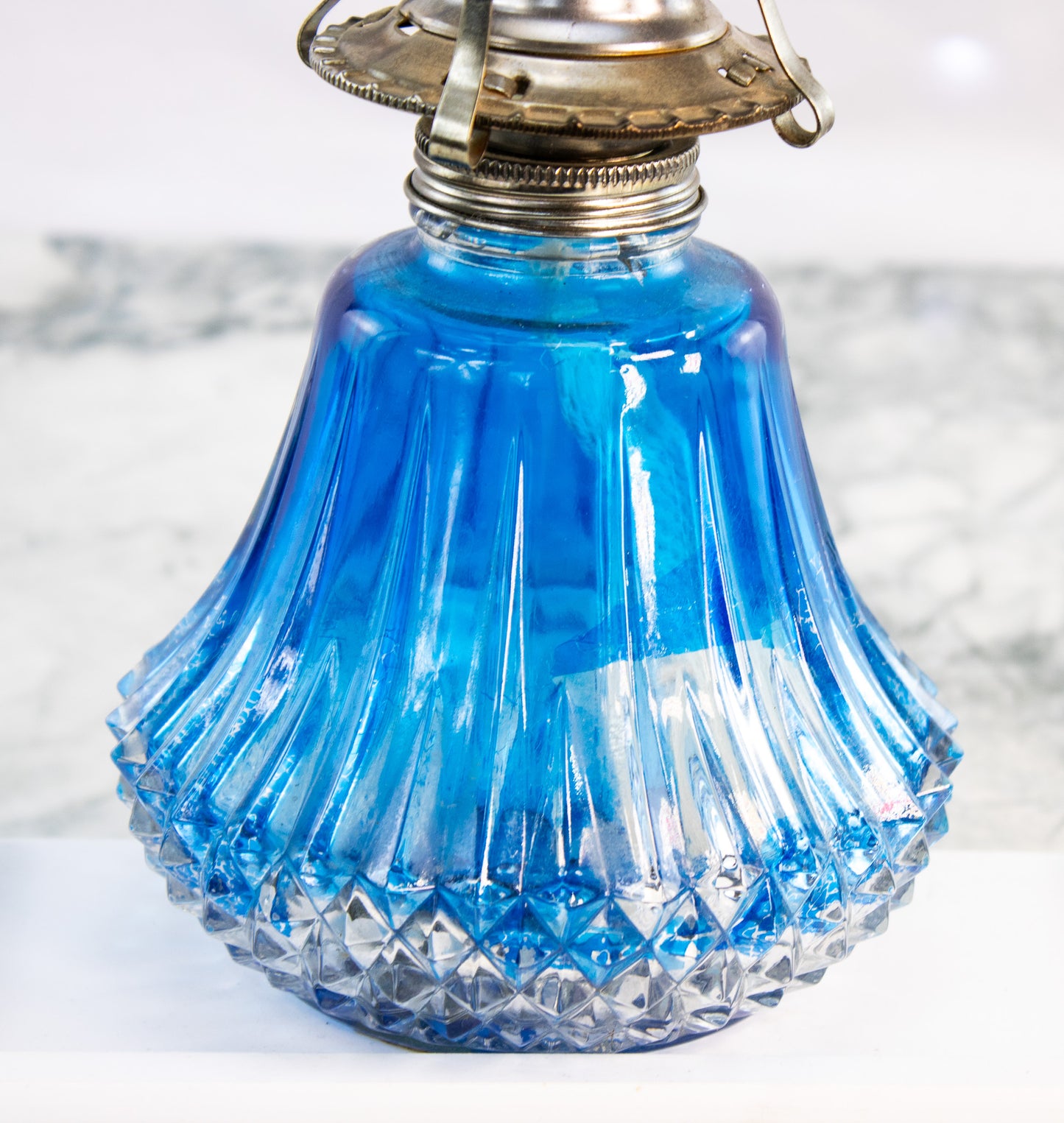 Antique Cobalt Blue Glass Oil Lamp | Victorian Pressed Glass Lighting Decor