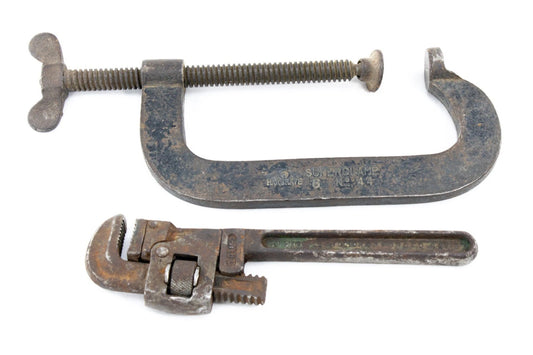 Vintage Hargrave 6" C Clamp & Trimo 10" Pipe Wrench USA Iron Tool Set Rust Patin