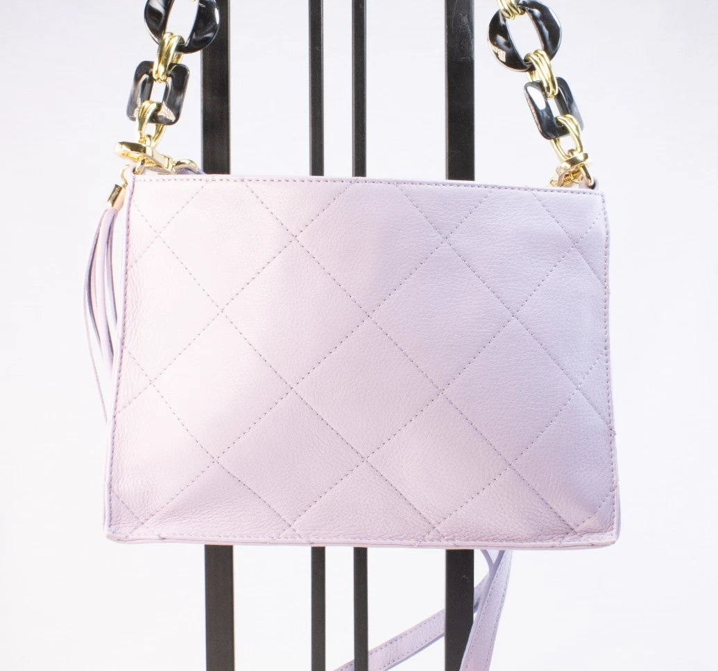 Kelly Tooke Sutton Crossbody Bag / Lilac Leather Quilted Handbag w/ Resin Chain