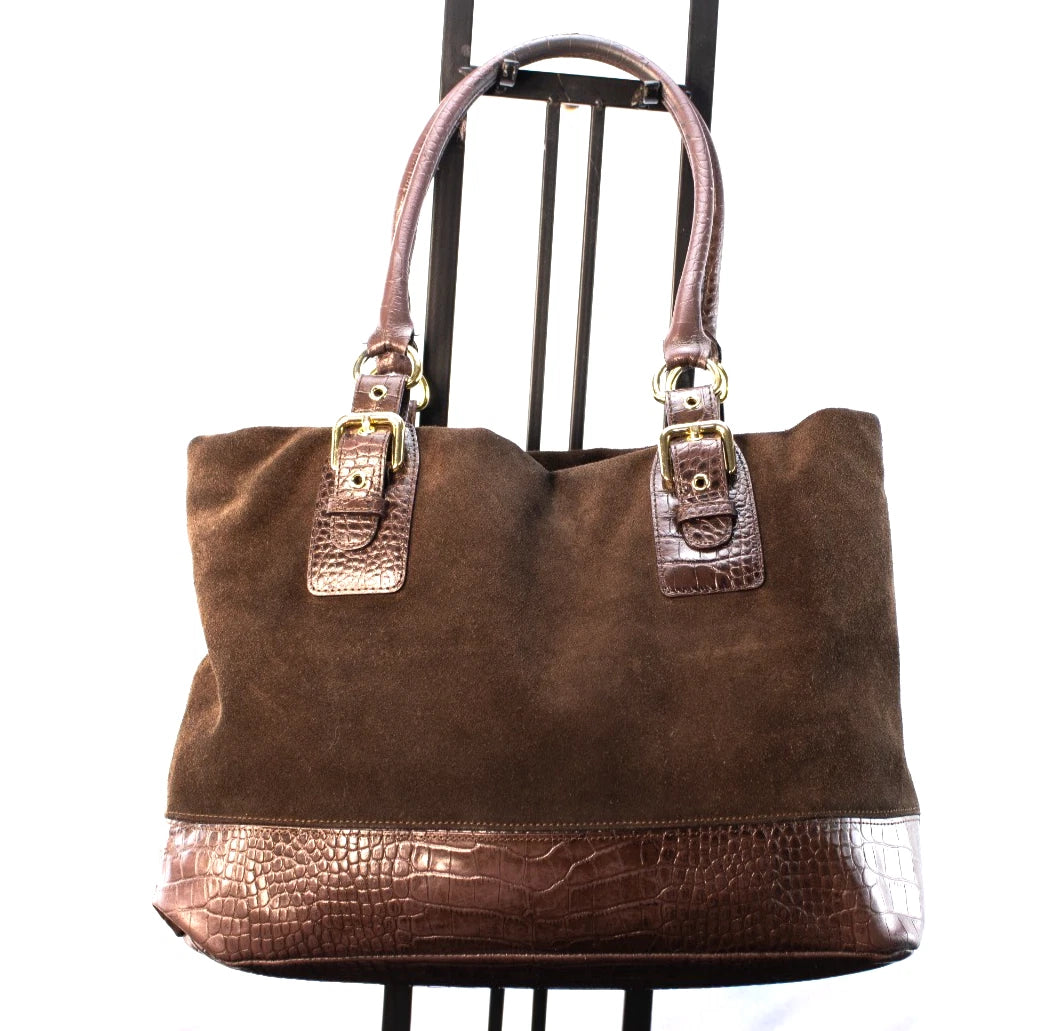 Brown Suede & Croc-Embossed Tote Bag – Large Shoulder Purse by HPHS