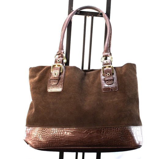 Brown Suede & Croc-Embossed Tote Bag – Large Shoulder Purse by HPHS