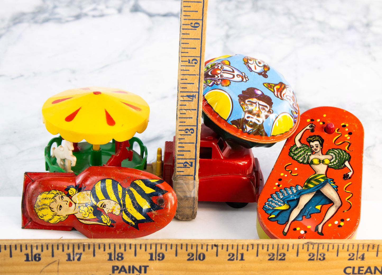 Vintage Tin Toy Lot Ohio Art Carousel Circus Clown Truck Carnival Toys