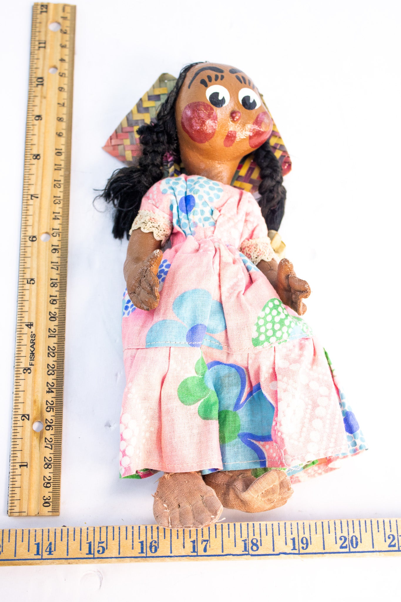 Vintage Mexican Folk Art Doll Handmade Gourd Head Palm Fan Figure