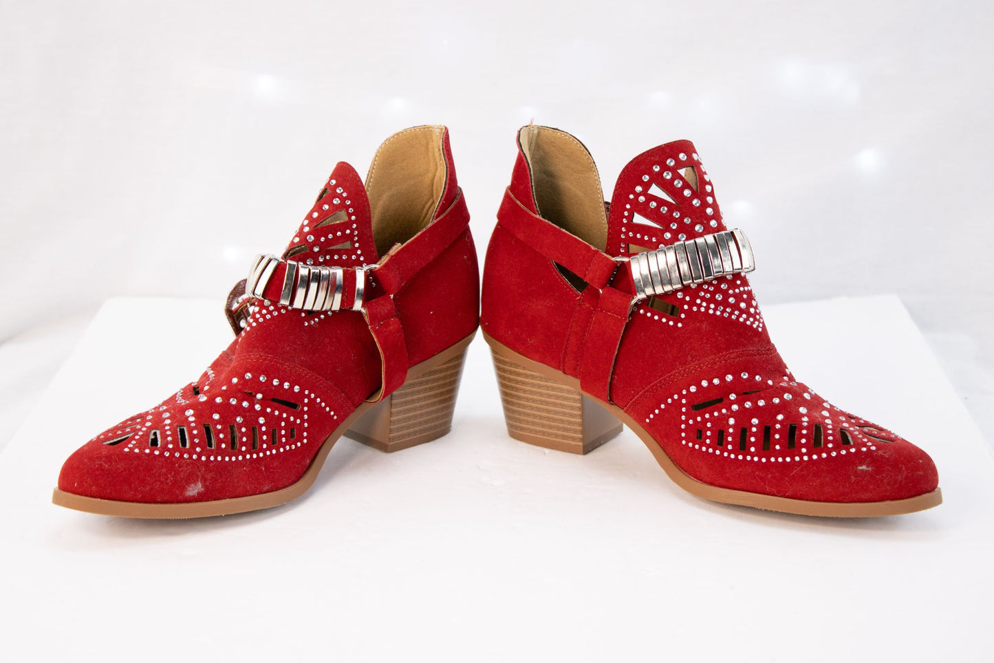 Red Studded Western Ankle Booties Womens 8 8.5 EU39 Suede Buckle Heel