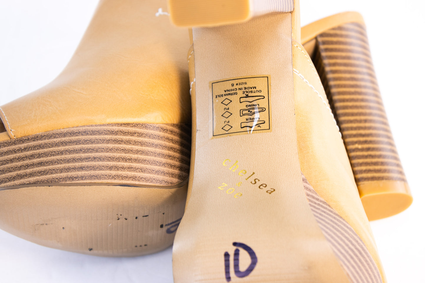 Chelsea & Zoe Tan Platform Mule Heels | Chunky Heel Open Toe | Womens Size 6