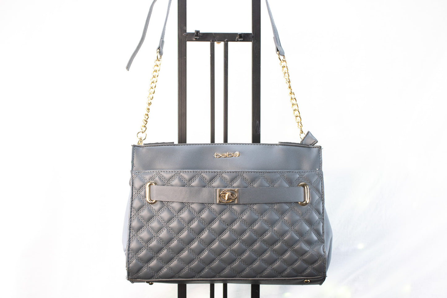 bebe Gray Quilted Chain Strap Shoulder Bag Faux Leather Purse