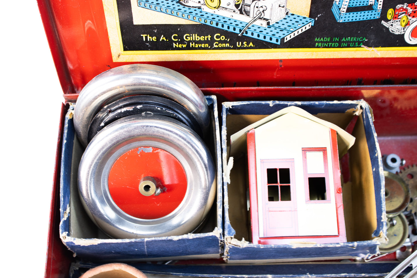 Vintage 1930s A.C. Gilbert Erector Set with Red Metal Case & Book