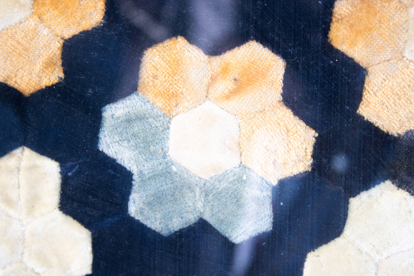 Framed Vintage Hexagon Quilt Textile Art – Hand-Stitched Geometric Fiber Wall Art