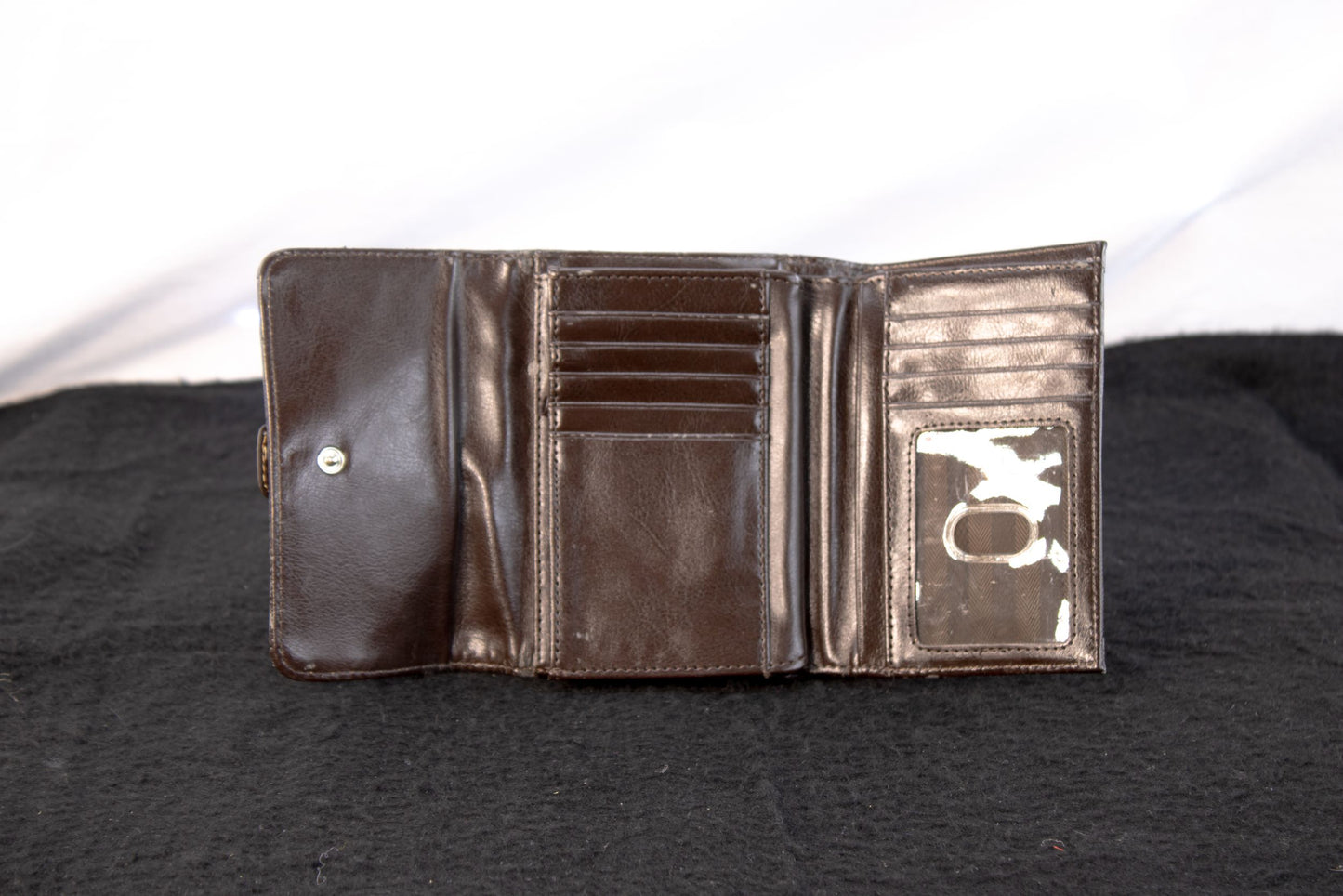 Coach Brown Signature C Trifold Wallet Buckle Strap Zip Coin Pocket