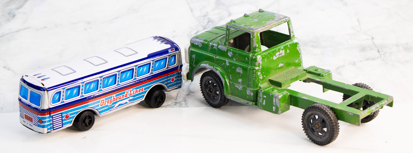 Vintage Toy Vehicle Lot – Greyhound Bus & Truck Cab