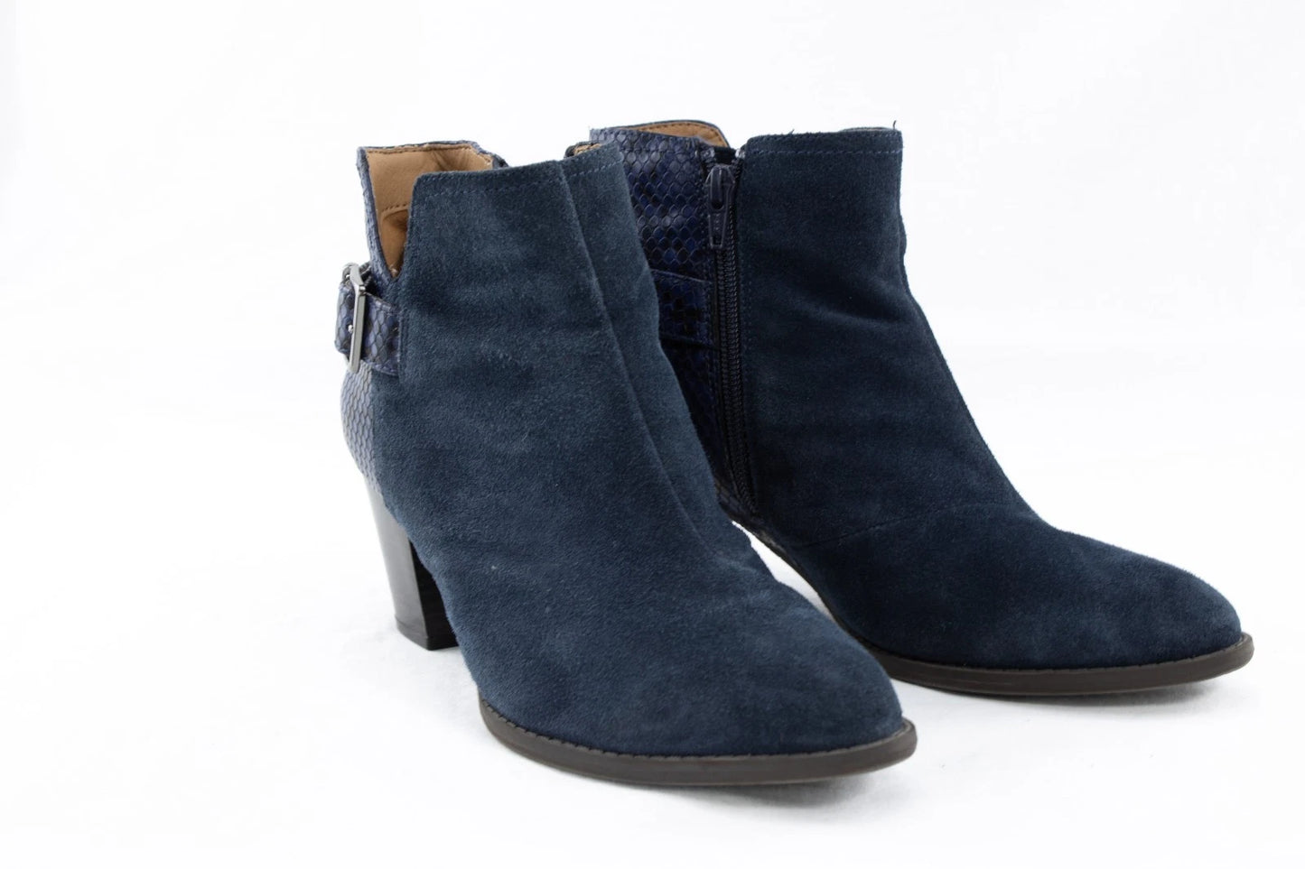 Vionic Navy Suede & Snake Print Ankle Booties – Women’s 8.5M Block Heel Zip Boot