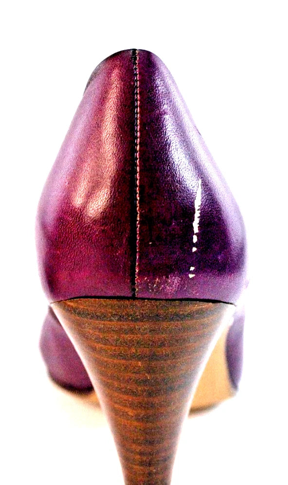 9 WEST “L-KRISTY” Heels – Plum Leather Peep Toe Pumps – Size 8M – Made in Brazil
