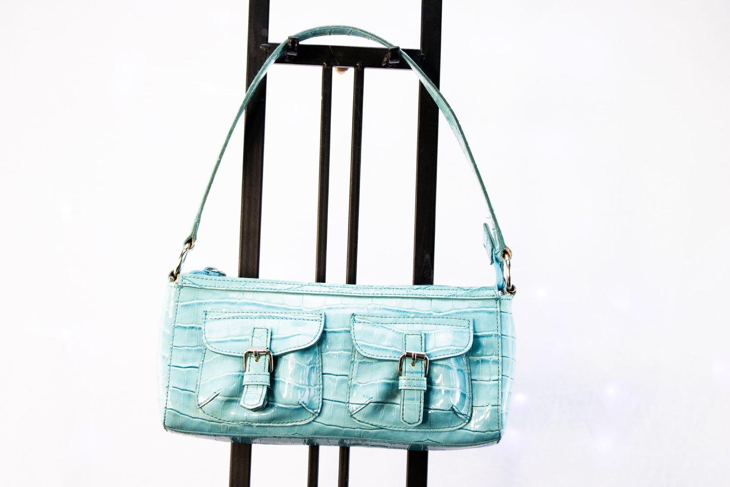 Amanda Smith Blue Croc Shoulder Bag | Y2K Mini Purse | Glossy Faux Croc