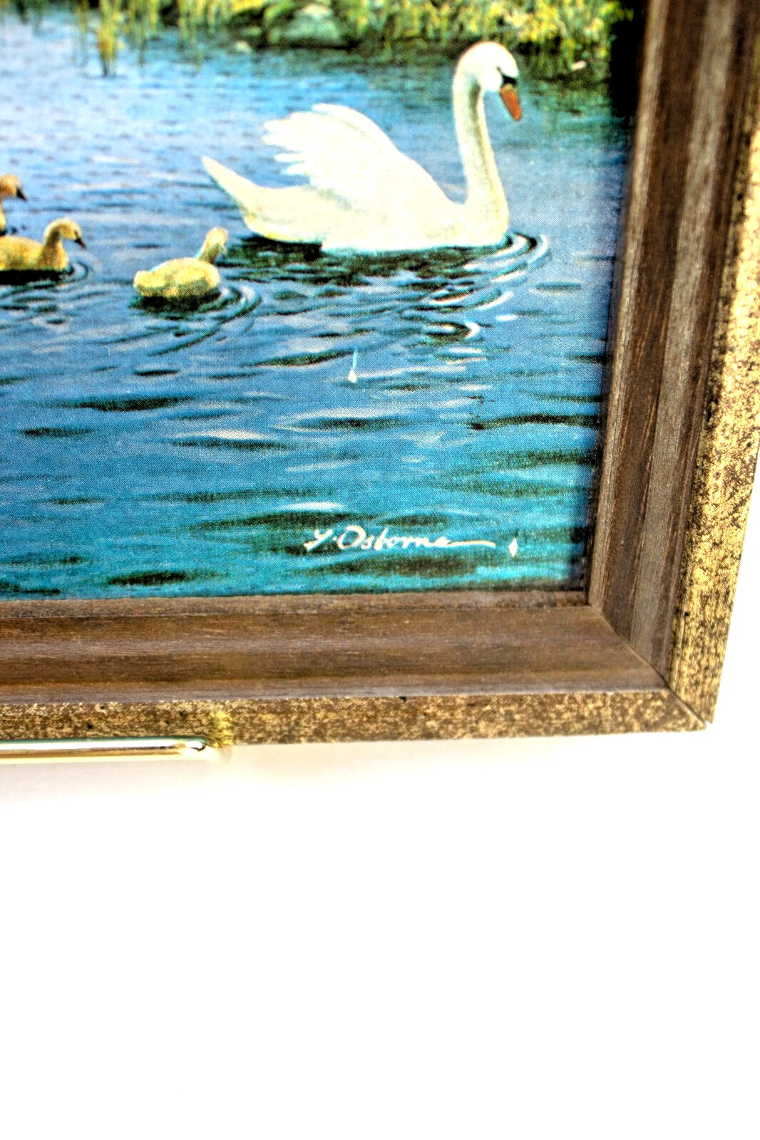 Set of 2 Vintage Foil Art Prints – Cottage Landscape & Swan Lake by L. Osborne –
