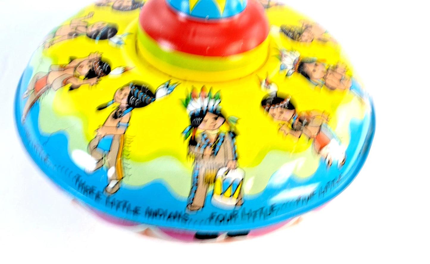 🎯 Vintage Ohio Art Tin Litho Spinning Top – Native American Kids Design – 1960s
