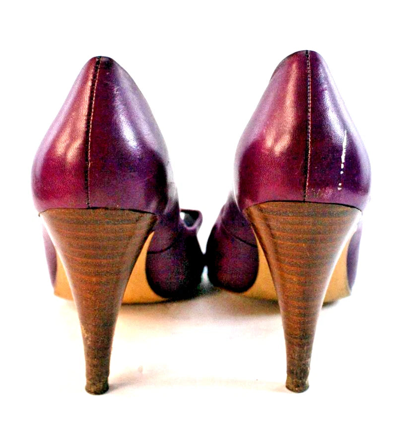 9 WEST “L-KRISTY” Heels – Plum Leather Peep Toe Pumps – Size 8M – Made in Brazil