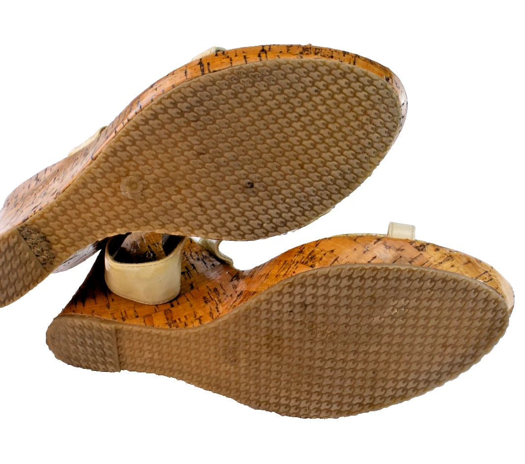 Two Lips “Picasso” Wedge Sandals 9M – Cream Straps • Floral Footbed • Cork Heel