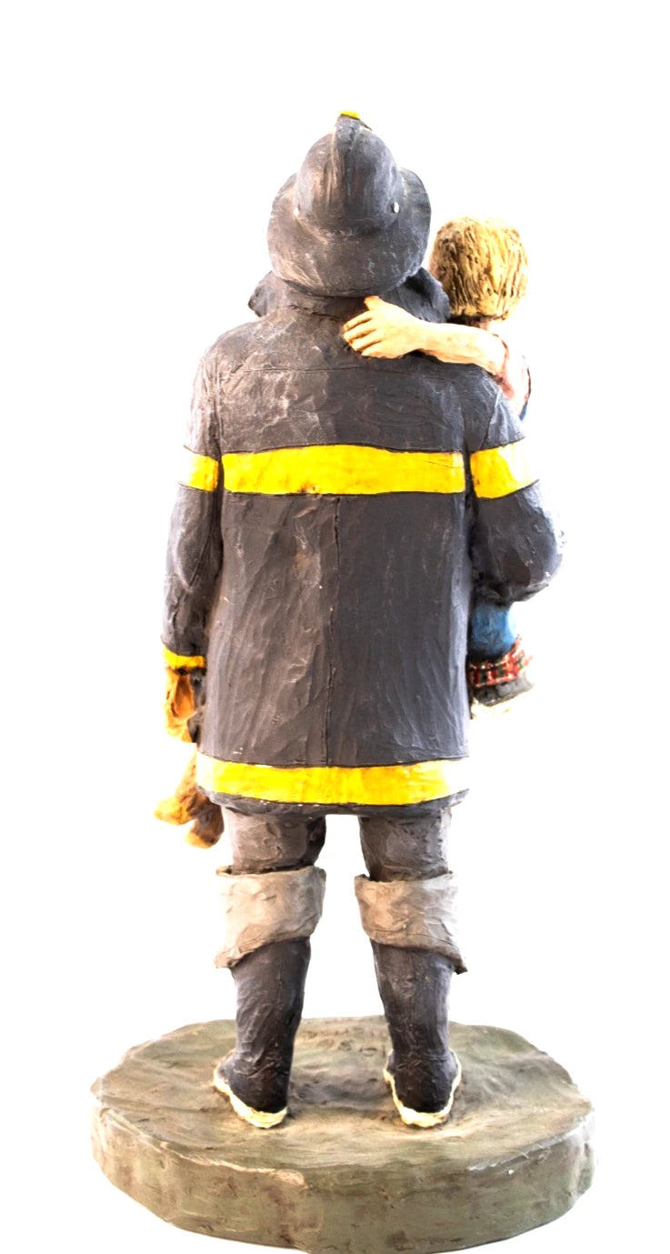 1986 Michael Garman Sculpture — “Firefighter with Child” — Heroic Americana Art
