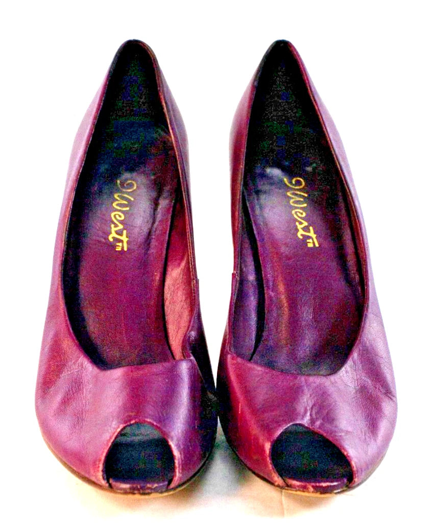 9 WEST “L-KRISTY” Heels – Plum Leather Peep Toe Pumps – Size 8M – Made in Brazil