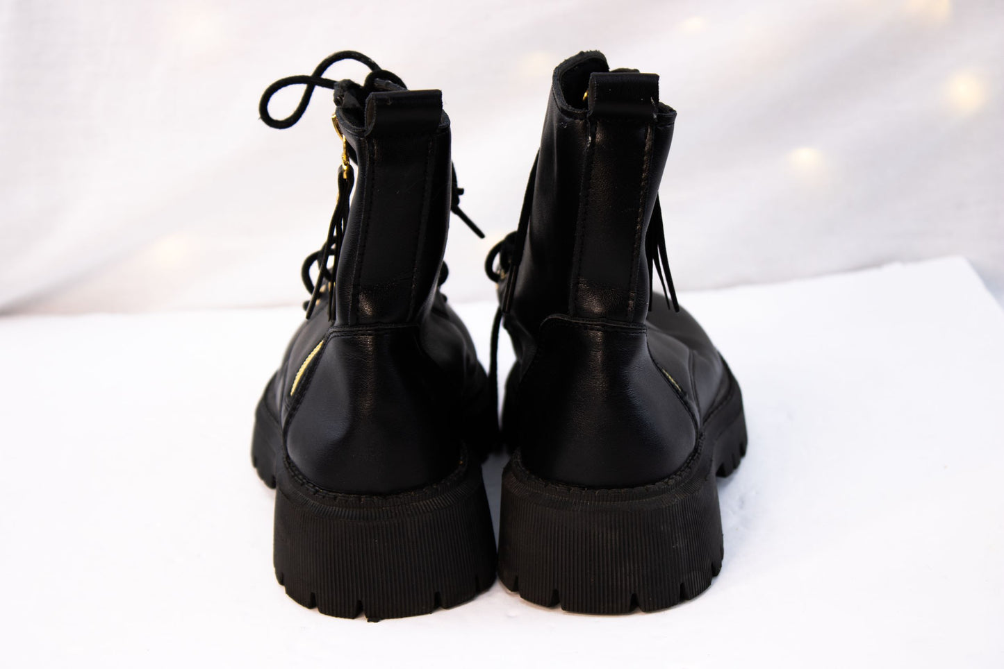 Black Leather Combat Boots Womens EU 38 US 7 Lace Up Lug Sole Zipper