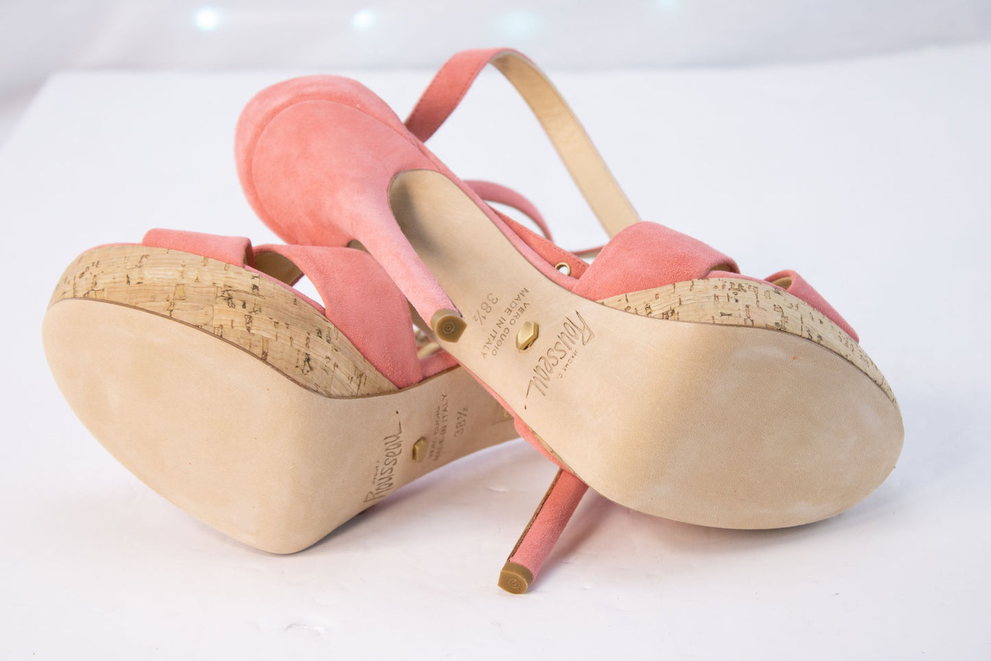 Jerome C Rousseau Zell Heels 38.5 Coral Suede Cork Platform Italy