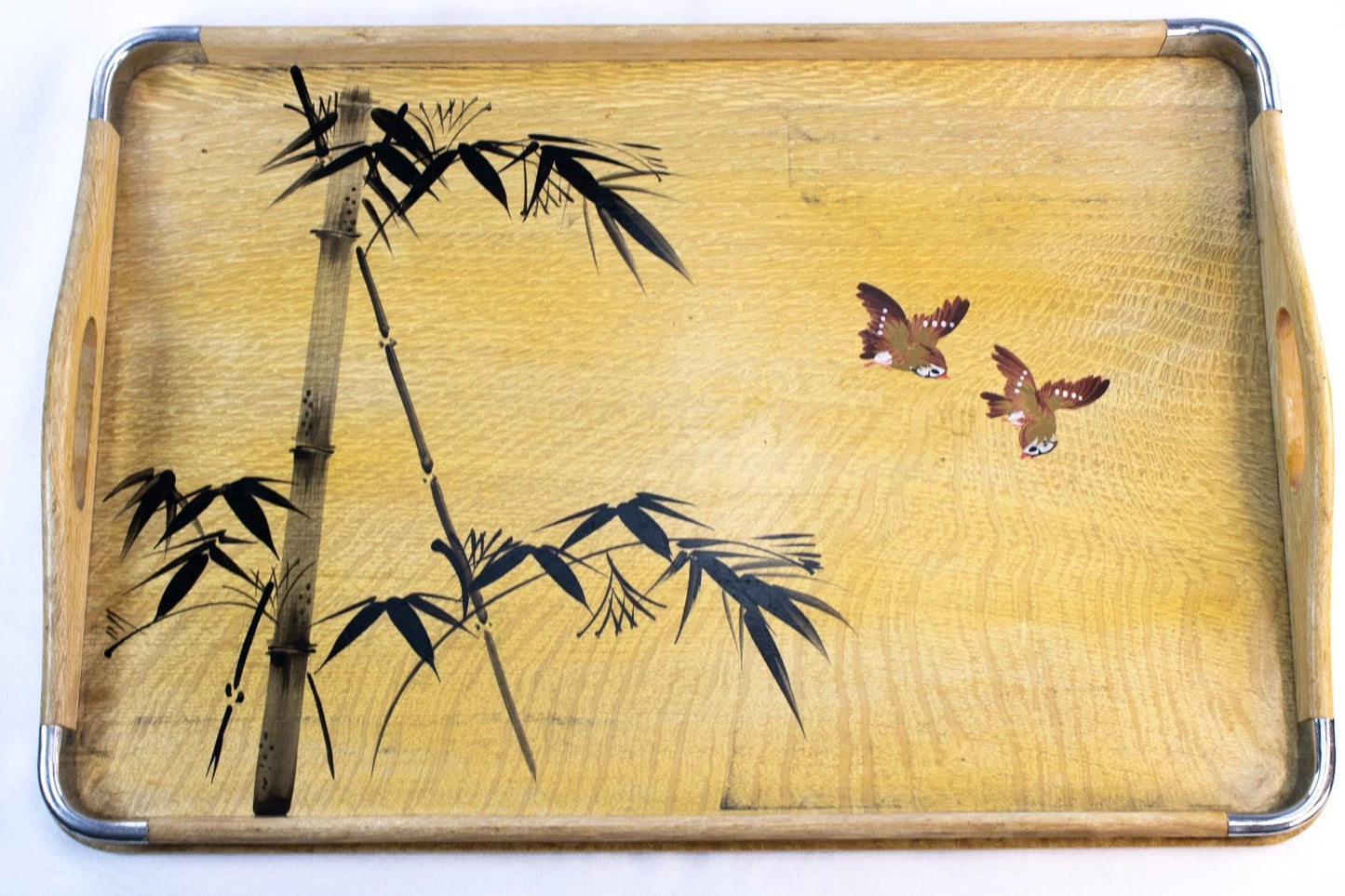 🌿 Vintage Japanese Bamboo & Bird Serving Trays – Set of 3 – Made in Japan – Mid
