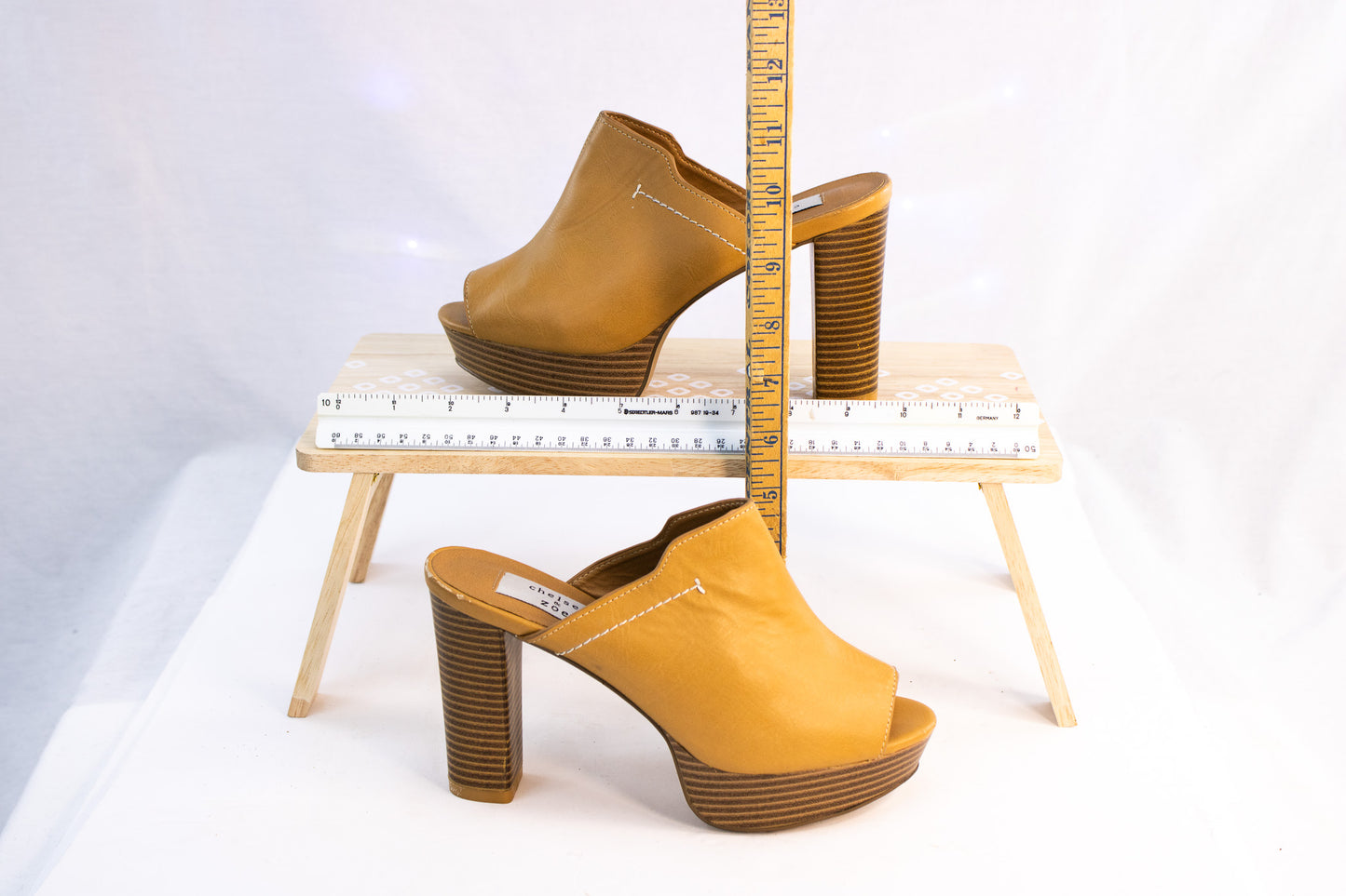 Chelsea & Zoe Tan Platform Mule Heels | Chunky Heel Open Toe | Womens Size 6