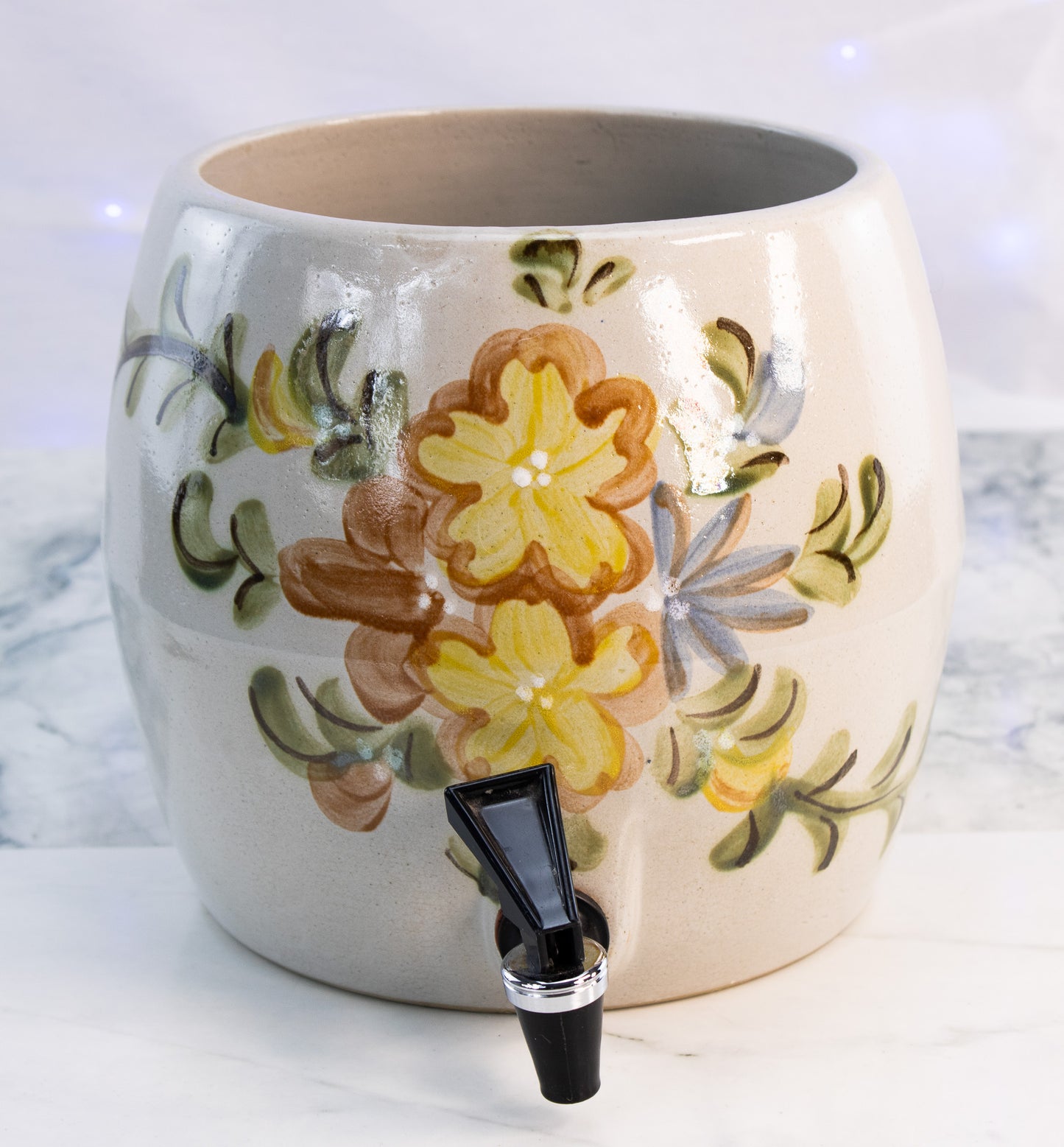 Vintage Rowe Stoneware Beverage Crock Hand Painted Floral Dispenser