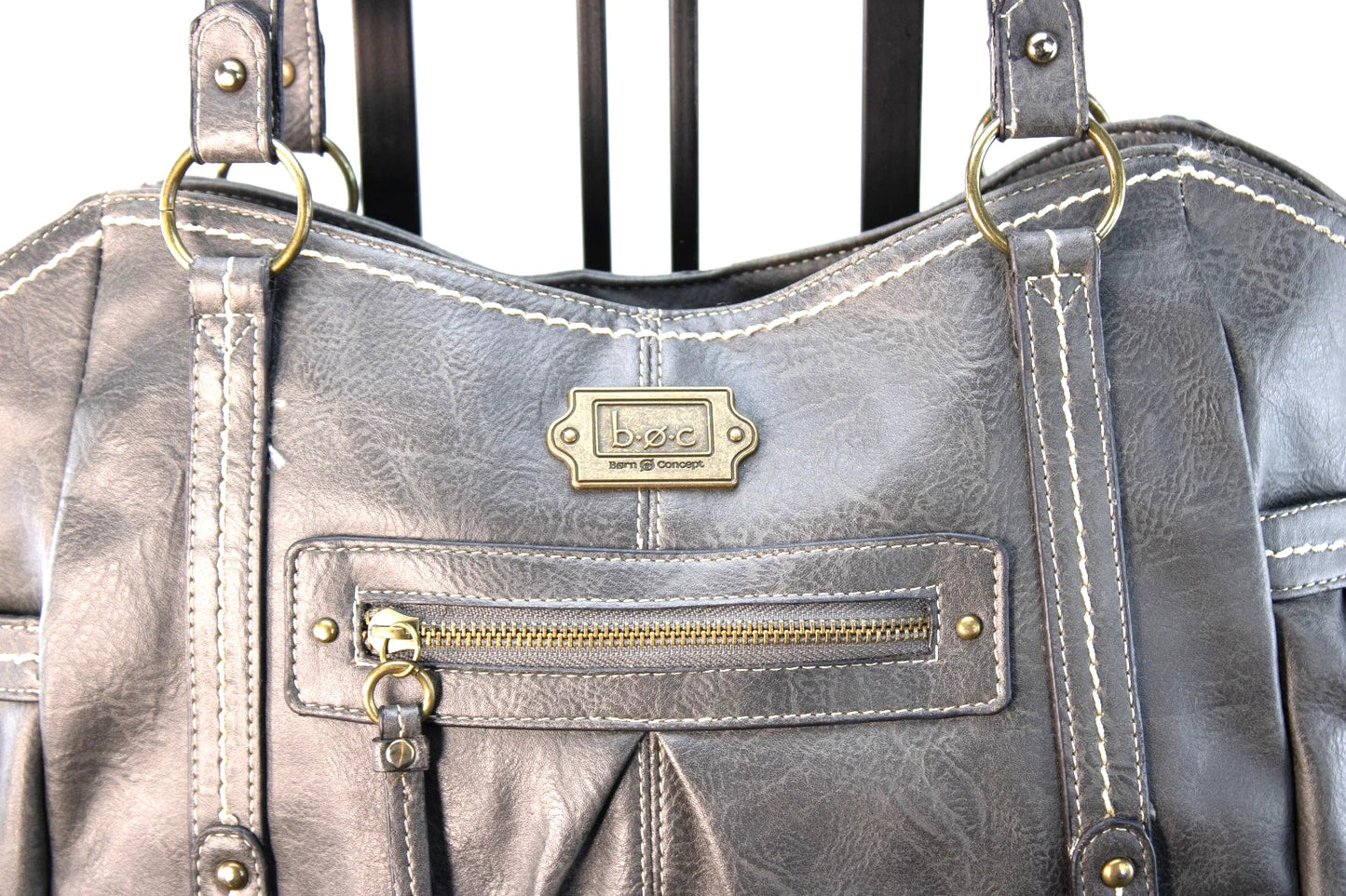 ✨ b.ø.c. Born Concept Charcoal Faux Leather Tote – Rustic Stitch Detail