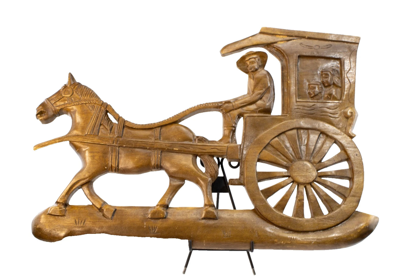 Vintage Hand-Carved Horse & Carriage Wall Sculpture Rustic Mid-Century Folk Art