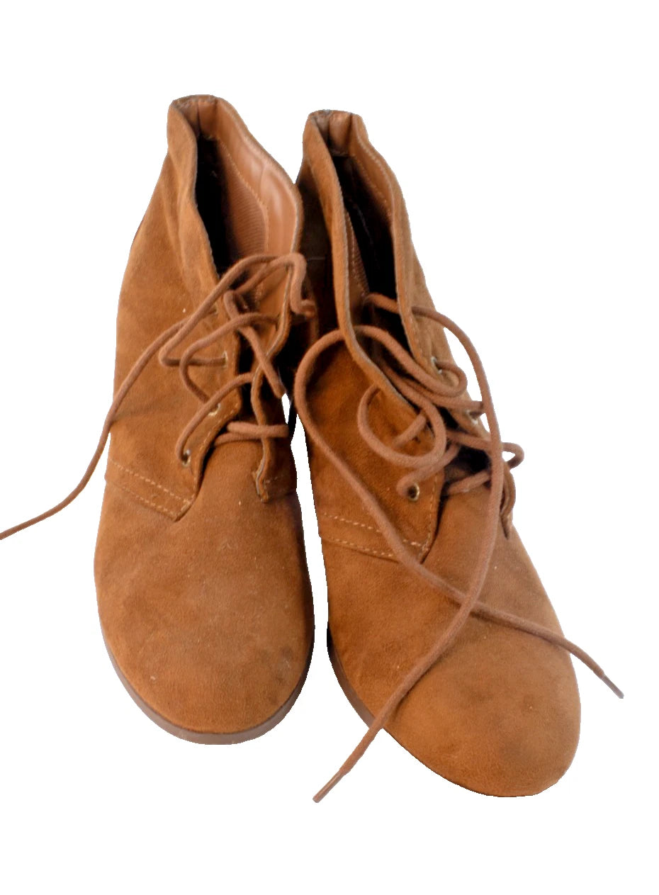 Y-Not? Cognac Faux-Suede Lace-Up Ankle Booties (Stacked Heel)