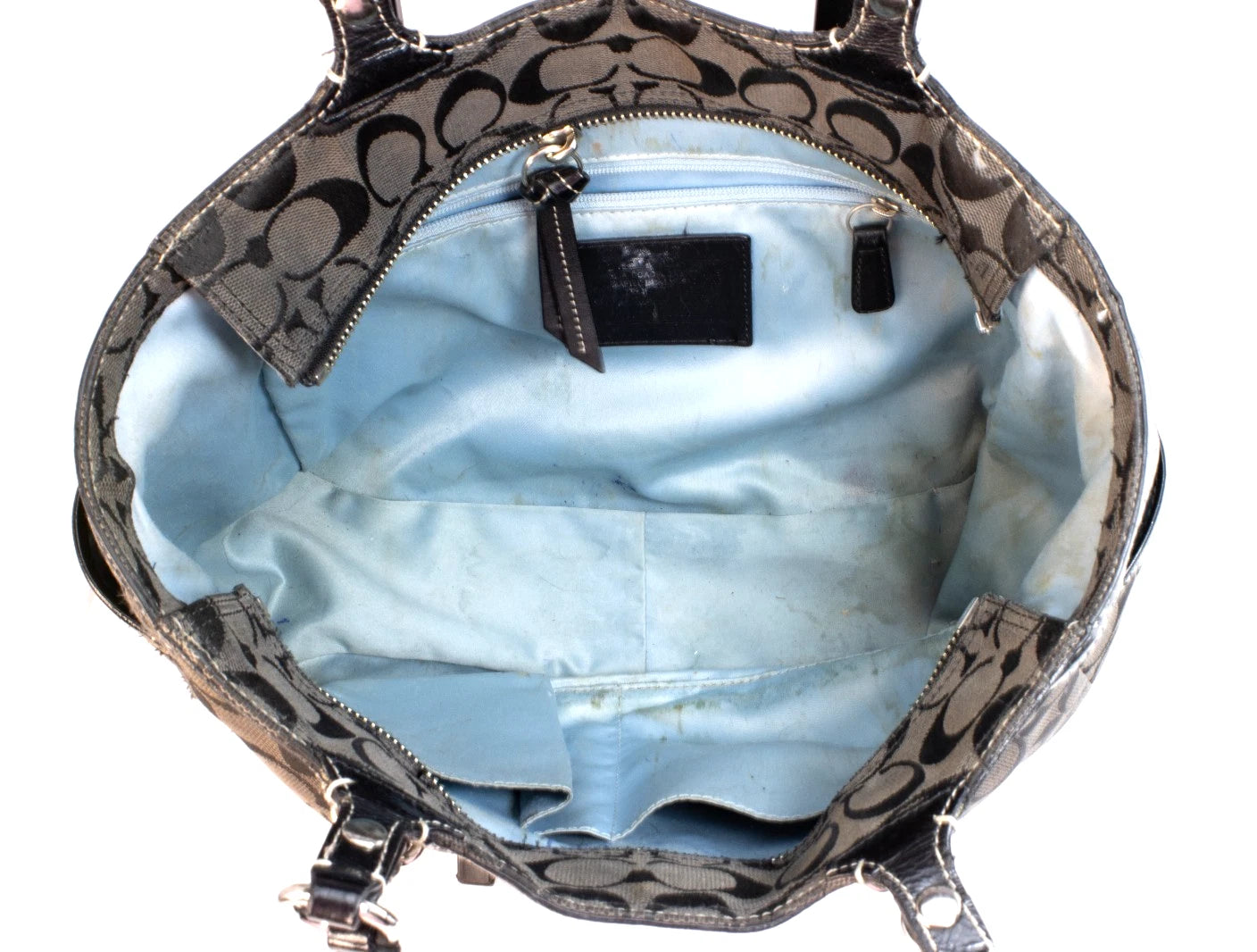 Coach F15141 Signature Stripe Tote – Black Patent Trim, Blue Lining