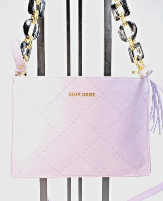 Kelly Tooke Sutton Crossbody Bag / Lilac Leather Quilted Handbag w/ Resin Chain