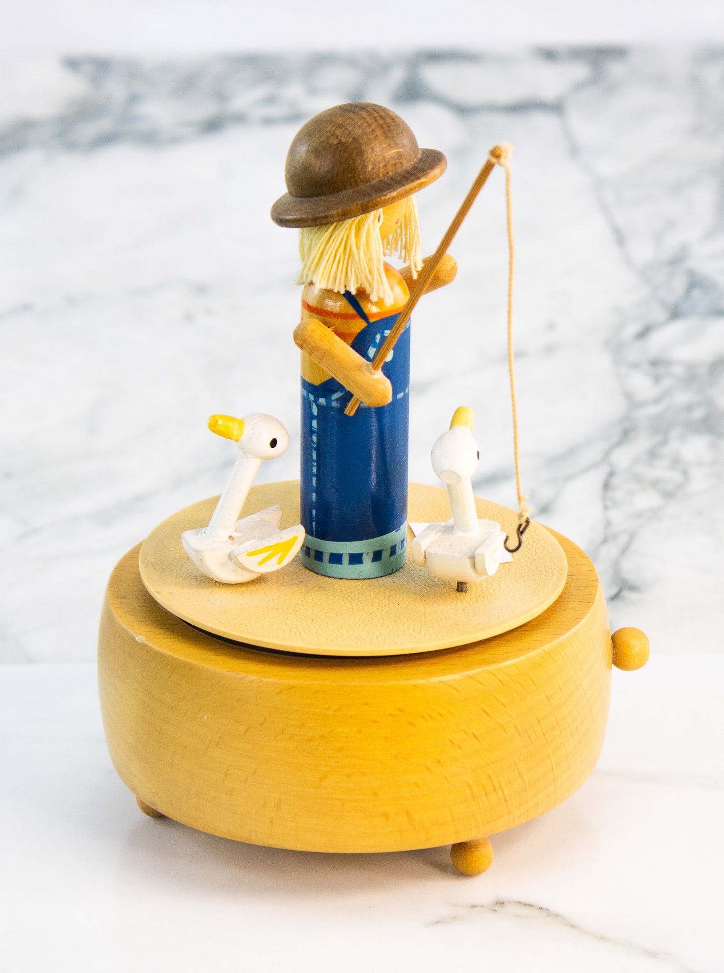 Vintage Fisherman Music Box Schmid Lazy River Japan Wood Duck Figurine
