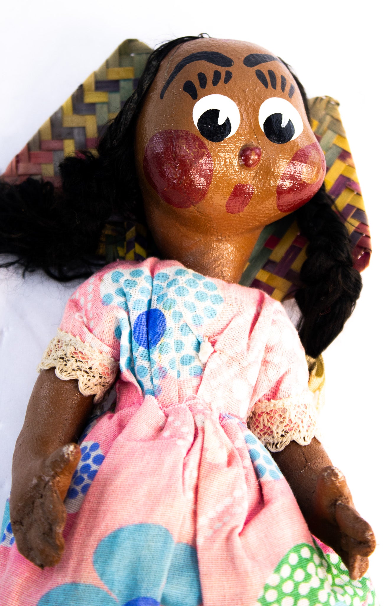 Vintage Mexican Folk Art Doll Handmade Gourd Head Palm Fan Figure