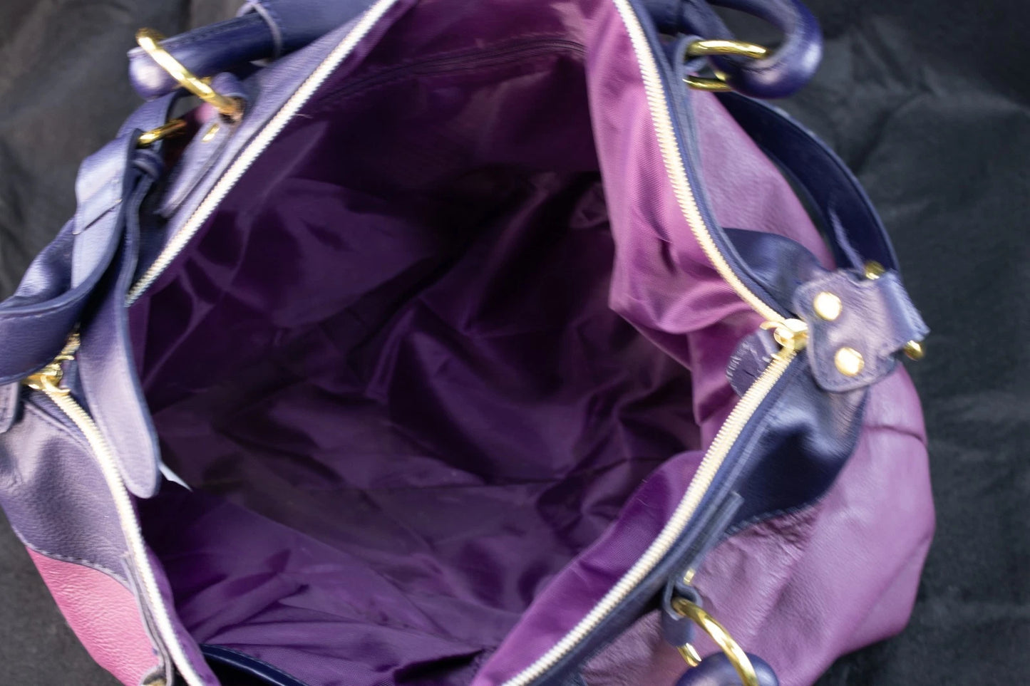 💜 JM New York Two-Tone Pebbled Leather Satchel – Plum & Navy Elegance