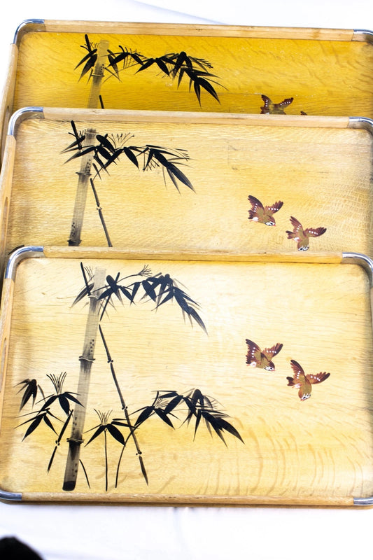 🌿 Vintage Japanese Bamboo & Bird Serving Trays – Set of 3 – Made in Japan – Mid