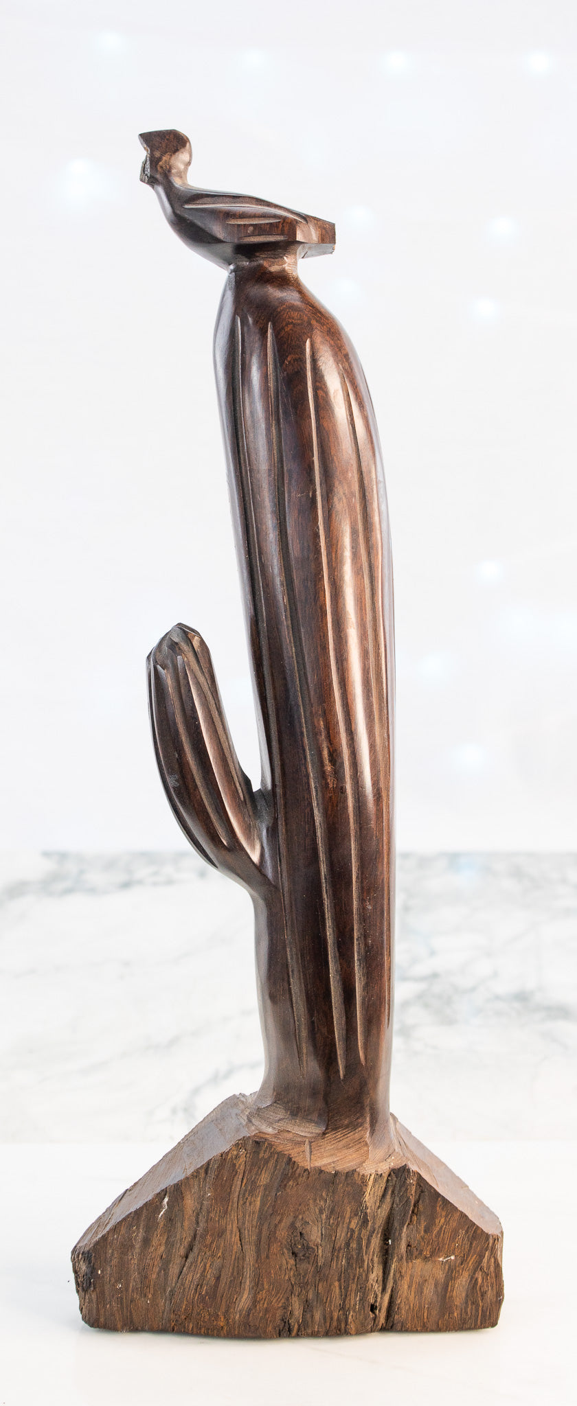 Hand-Carved Wooden Cactus Sculpture w/ Bird | Southwest Modern Folk Art | c. 1950s–70s